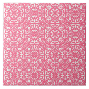 Mediaeval Damask pattern, coral pink & white Tile