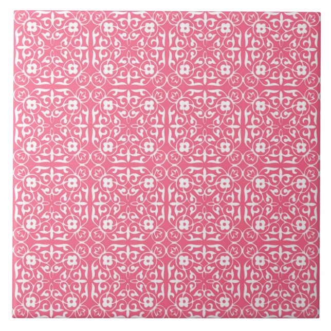 Mediaeval Damask pattern, coral pink & white Tile (Front)