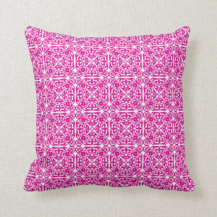 Mediaeval Damask pattern, magenta and white Cushion