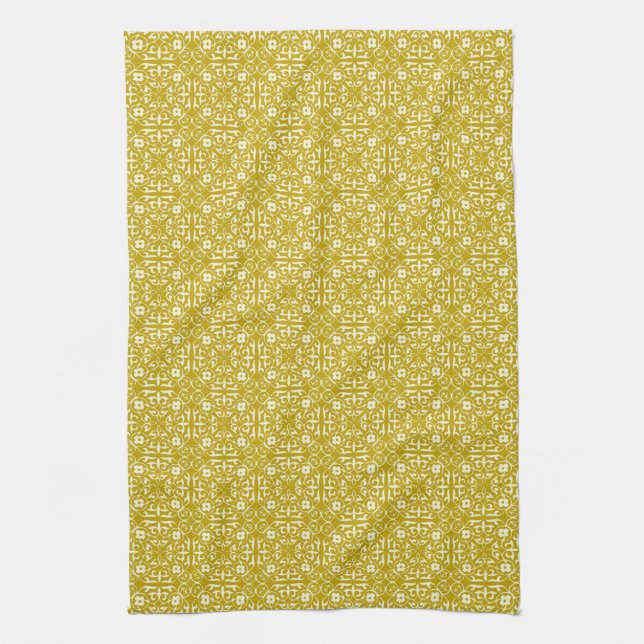 Mediaeval Damask pattern, mustard gold Tea Towel (Vertical)
