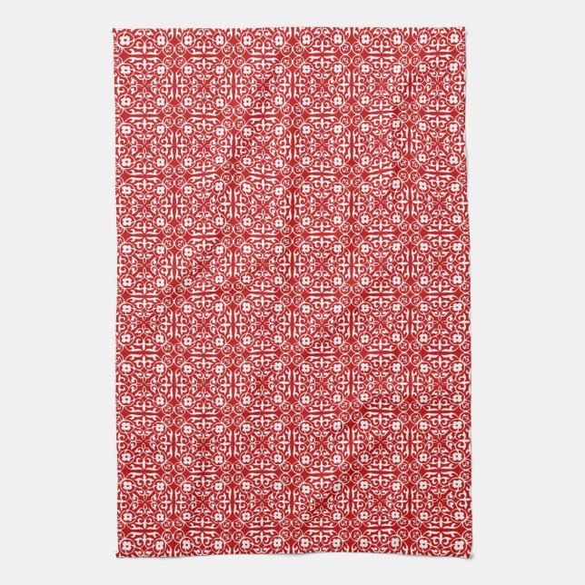Mediaeval Damask pattern, red and white Tea Towel (Vertical)