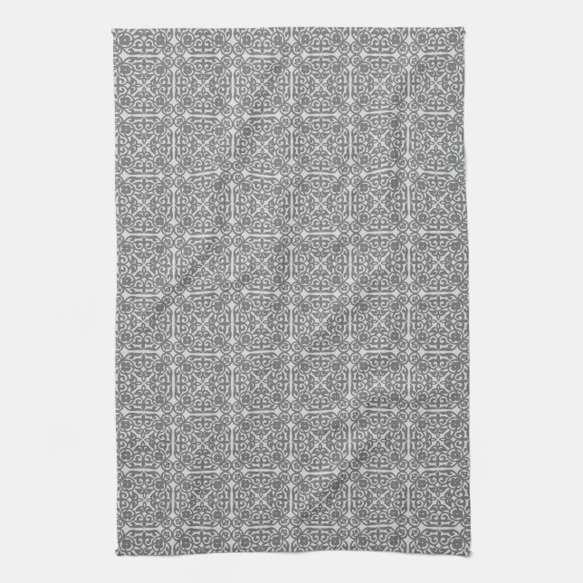 Mediaeval Damask pattern, silver grey Tea Towel (Vertical)