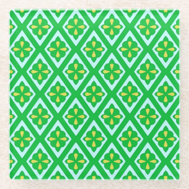 Mediaeval diamonds - emerald green and aqua glass coaster (Front)