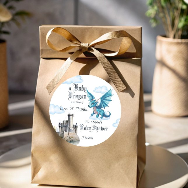 Mediaeval dragon baby shower thank you favour classic round sticker (Medieval dragon baby shower thank you favor stickers cute blue dragon baby shower favor stickers)