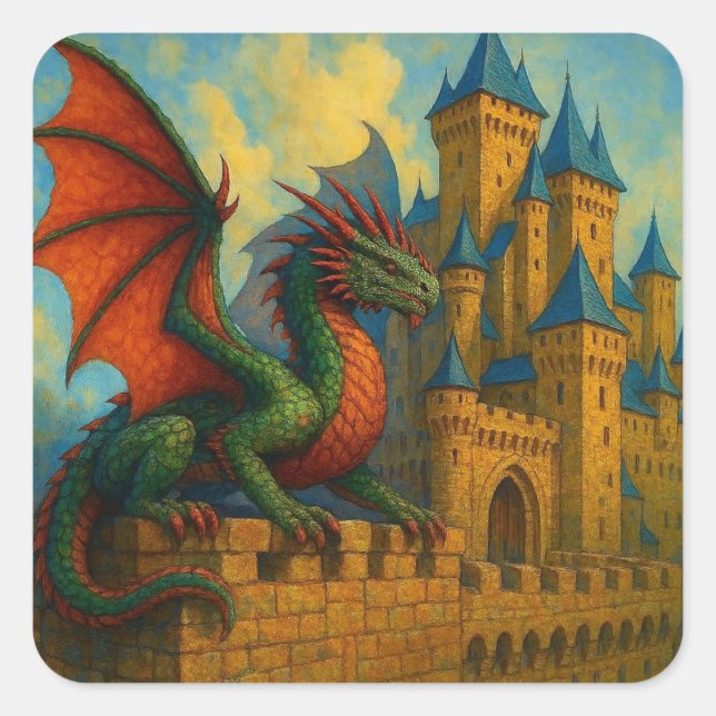 Mediaeval Dragon Castle Protector Square Sticker (Front)