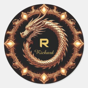🐉 Mediaeval Dragon Crest Name Ring Frame Emblem � Classic Round Sticker
