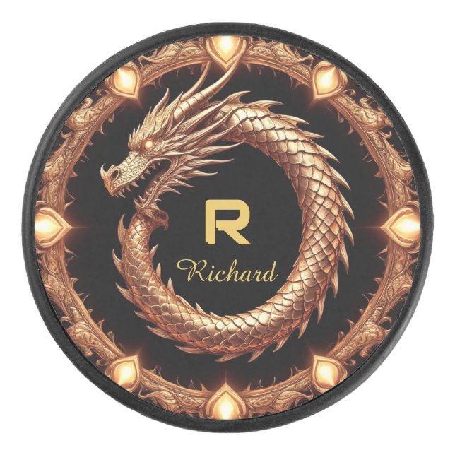 🐉 Mediaeval Dragon Crest Name Ring Frame Emblem � Hockey Puck (Front)