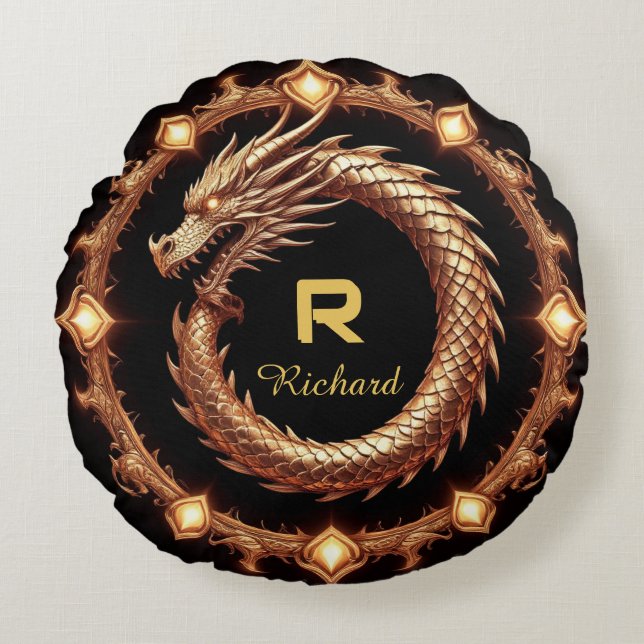 🐉 Mediaeval Dragon Crest Name Ring Frame Emblem � Round Cushion (Front)