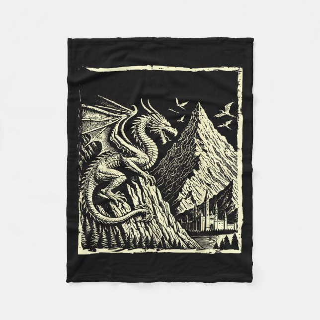 Mediaeval Dragon Mountain Castle Mythical Men Wome Fleece Blanket (Front)