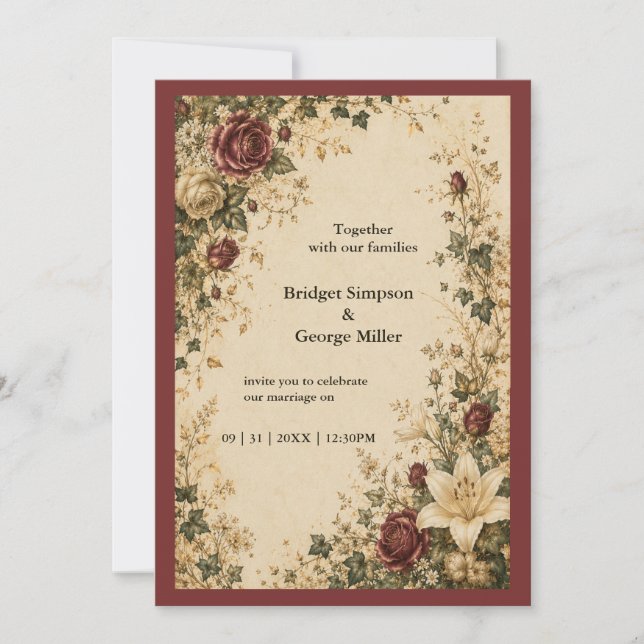 Mediaeval Fairytale Botanical Rose Lily Wedding Invitation (Front)