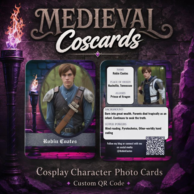 Mediaeval Fantasy Cosplay Coscards | QR Code Business Card (Medieval coscard design featuring your images, custom text, and qr code with fantasy background)