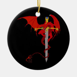 Mediaeval Fantasy Flying Red Dragon and Sword Ceramic Tree Decoration