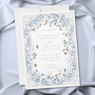 Mediaeval Fantasy Frame Blue & Gold Etching Weddin Invitation