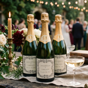 Mediaeval Fantasy Vintage Black Etching Wedding Sparkling Wine Label