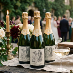 Mediaeval Fantasy Vintage Black Etching Wedding Sparkling Wine Label