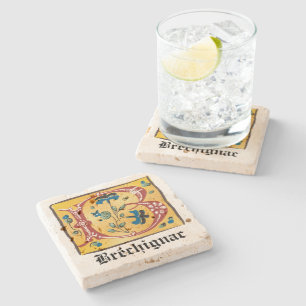 Mediaeval Floral Illuminated Letter B Monogram Stone Coaster