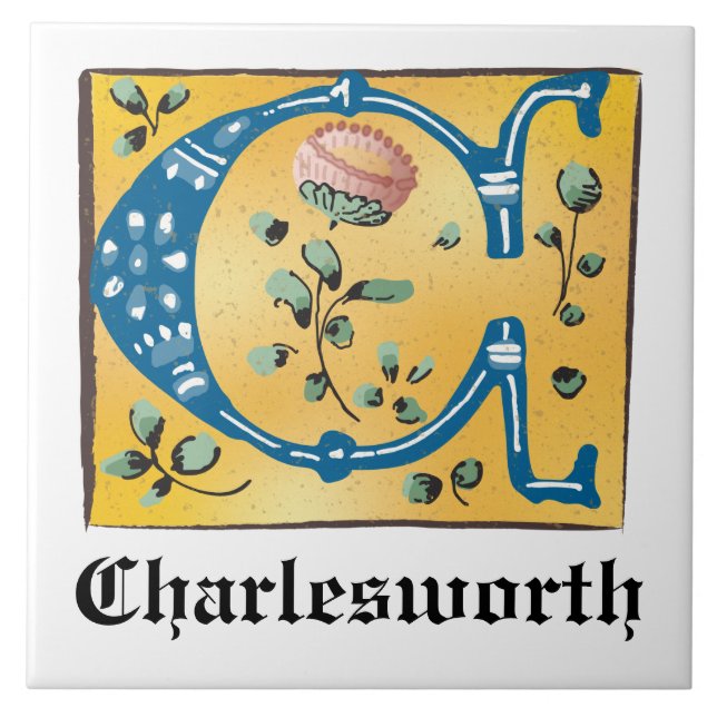 Mediaeval Floral Illuminated Letter C Monogram Tile (Front)