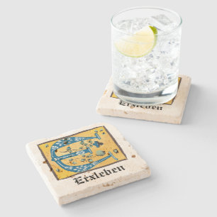 Mediaeval Floral Illuminated Letter E Monogram Stone Coaster