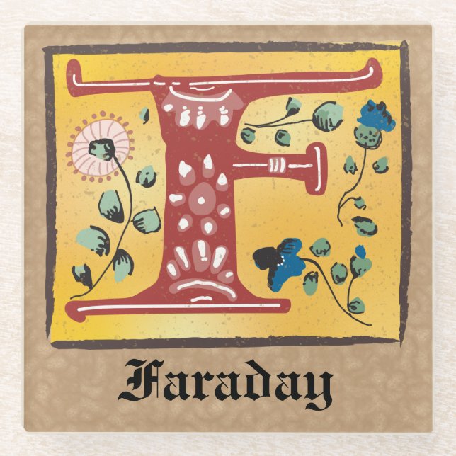 Mediaeval Floral Illuminated Letter F Monogram Glass Coaster (Front)