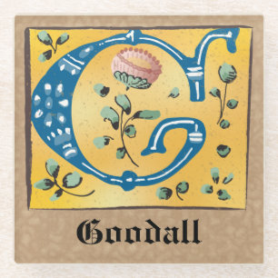 Mediaeval Floral Illuminated Letter G Monogram Glass Coaster