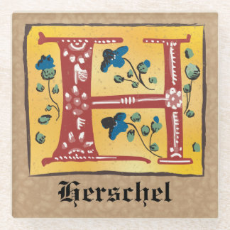 Mediaeval Floral Illuminated Letter H Monogram Glass Coaster
