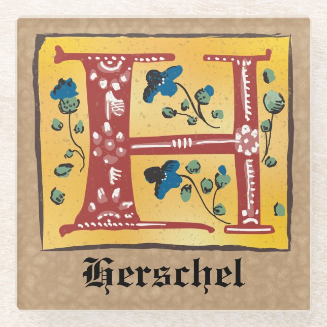 Mediaeval Floral Illuminated Letter H Monogram Glass Coaster (Front)