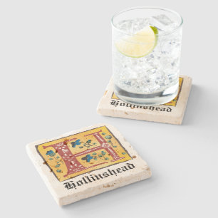 Mediaeval Floral Illuminated Letter H Monogram Stone Coaster