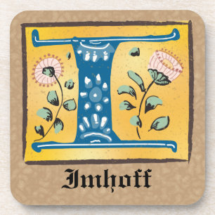 Mediaeval Floral Illuminated Letter I Monogram Coaster