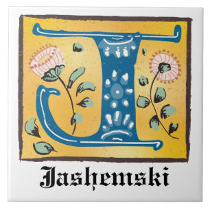 Mediaeval Floral Illuminated Letter J Monogram Tile