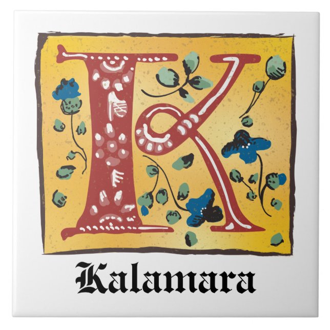 Mediaeval Floral Illuminated Letter K Monogram Tile (Front)