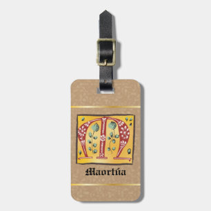 Mediaeval Floral Illuminated Letter M Monogram Luggage Tag