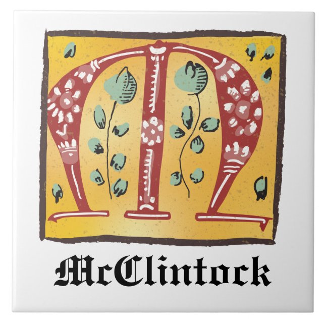 Mediaeval Floral Illuminated Letter M Monogram Tile (Front)