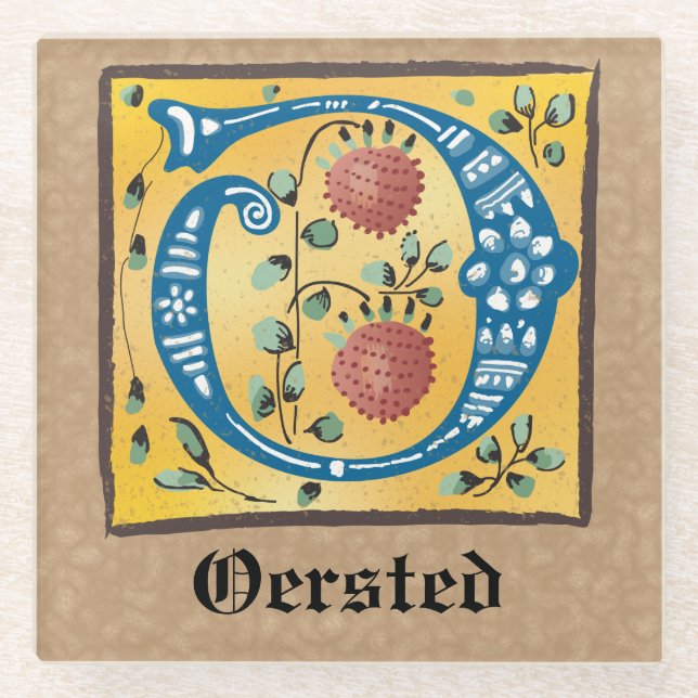 Mediaeval Floral Illuminated Letter O Monogram Glass Coaster (Front)