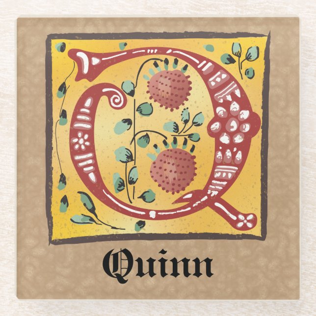Mediaeval Floral Illuminated Letter Q Monogram Glass Coaster (Front)
