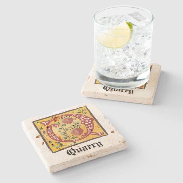 Mediaeval Floral Illuminated Letter Q Monogram Stone Coaster (Side)