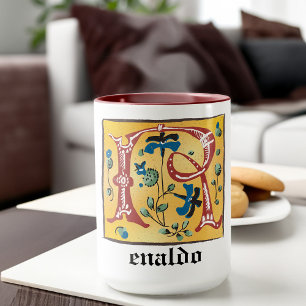 Mediaeval Floral Illuminated Letter R Monogram Mug