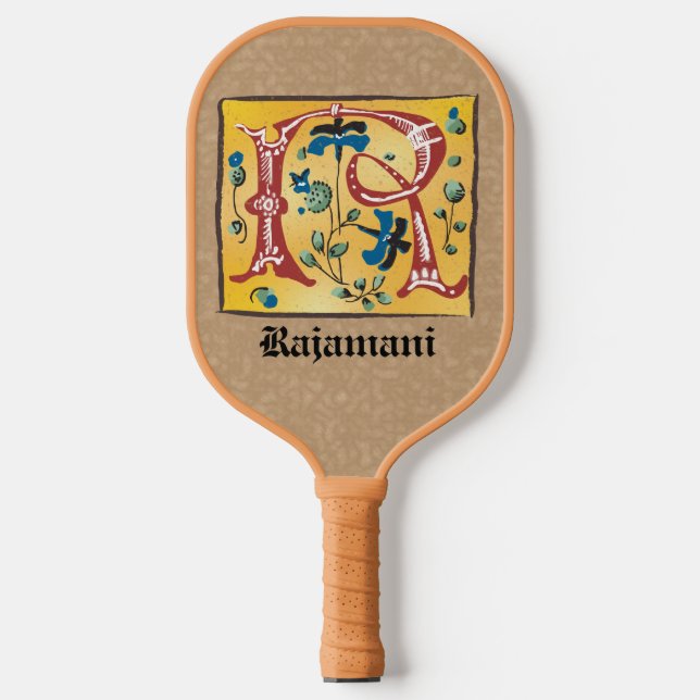 Mediaeval Floral Illuminated Letter R Monogram Pickleball Paddle (Front)