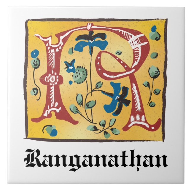 Mediaeval Floral Illuminated Letter R Monogram Tile (Front)
