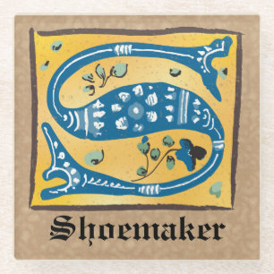 Mediaeval Floral Illuminated Letter S Monogram Glass Coaster