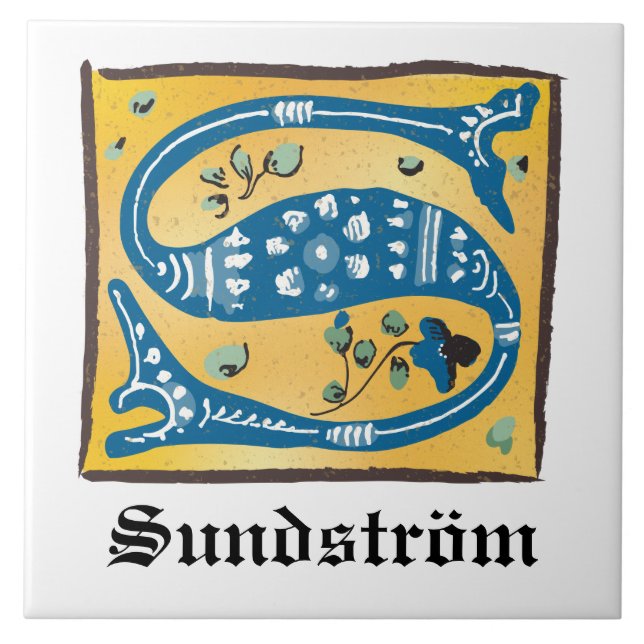 Mediaeval Floral Illuminated Letter S Monogram Tile (Front)