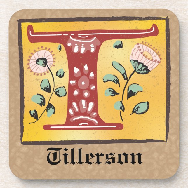 Mediaeval Floral Illuminated Letter T Monogram Coaster (Front)