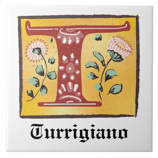Mediaeval Floral Illuminated Letter T Monogram Tile (Front)