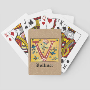 Mediaeval Floral Illuminated Letter V Monogram Playing Cards