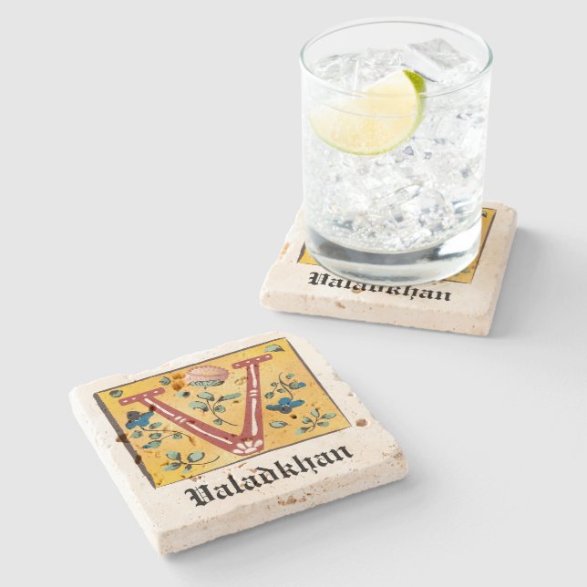 Mediaeval Floral Illuminated Letter V Monogram Stone Coaster (Side)