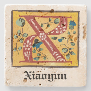 Mediaeval Floral Illuminated Letter X Monogram Stone Coaster