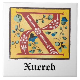 Mediaeval Floral Illuminated Letter X Monogram Tile