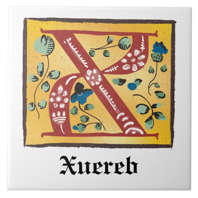 Mediaeval Floral Illuminated Letter X Monogram Tile (Front)