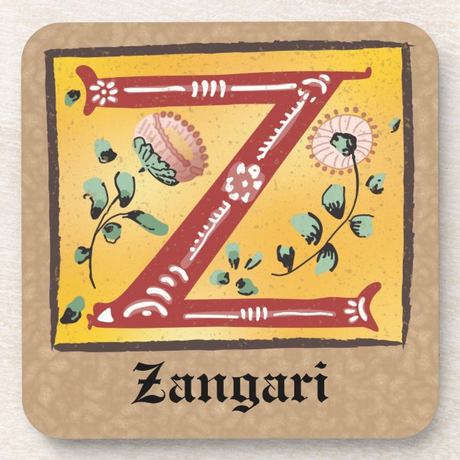 Mediaeval Floral Illuminated Letter Z Monogram Coaster (Front)