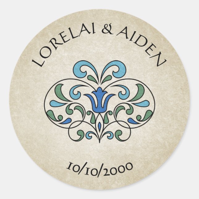 Mediaeval Floral Wedding Classic Round Sticker (Front)