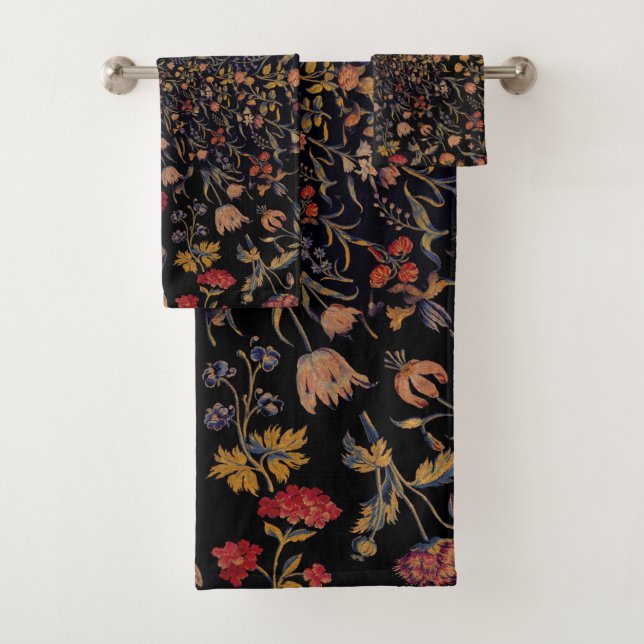 Mediaeval Flowers on Black Bath Towel Set (Insitu)